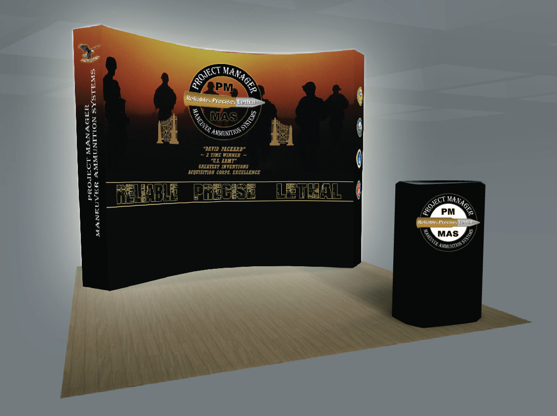 backlit popup display booth with counter and graphic
